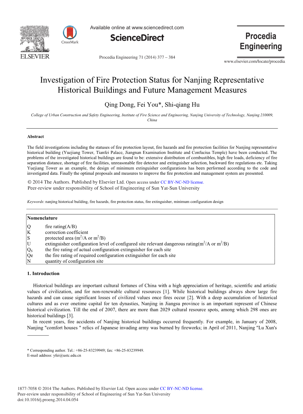 Investigation of Fire Protection Status for Nanjing Representative Historical Buildings and Future Management Measures