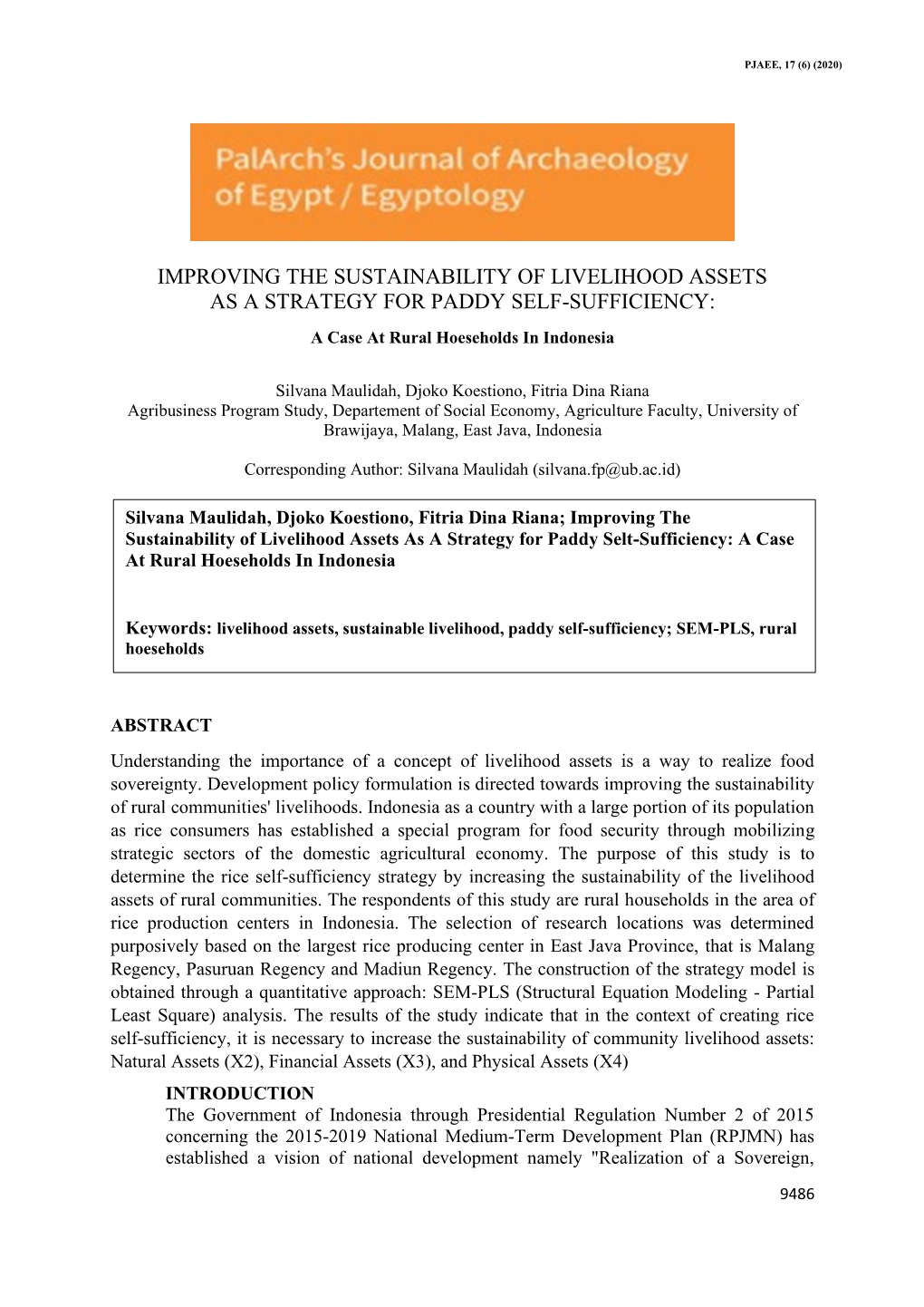 IMPROVING the SUSTAINABILITY of LIVELIHOOD ASSETS AS a STRATEGY for PADDY SELF-SUFFICIENCY: a Case at Rural Hoeseholds in Indonesia