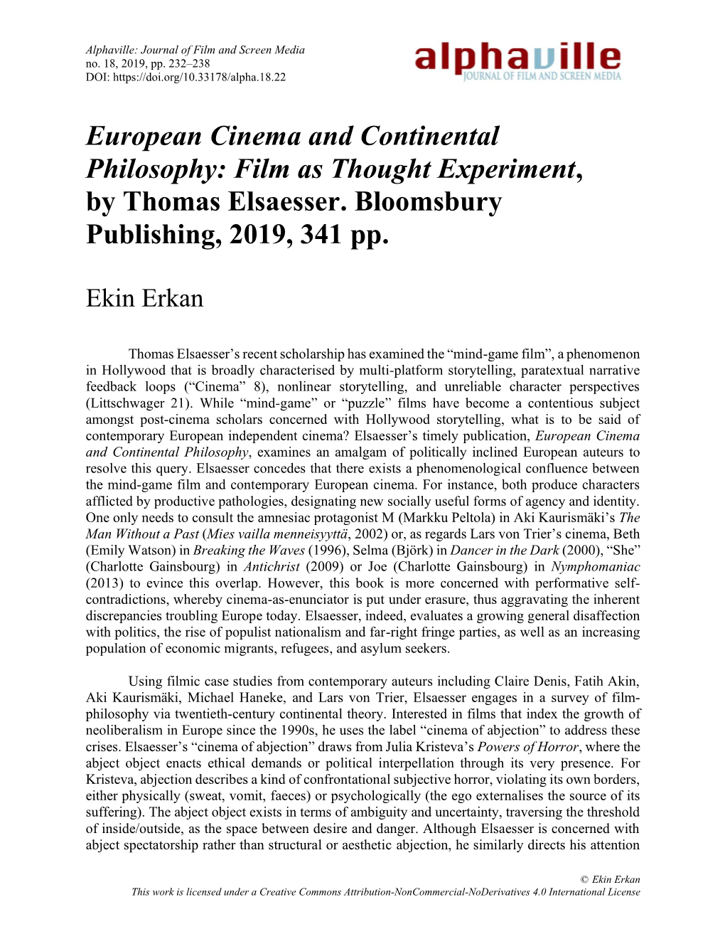 European Cinema and Continental Philosophy: Film As Thought Experiment, by Thomas Elsaesser