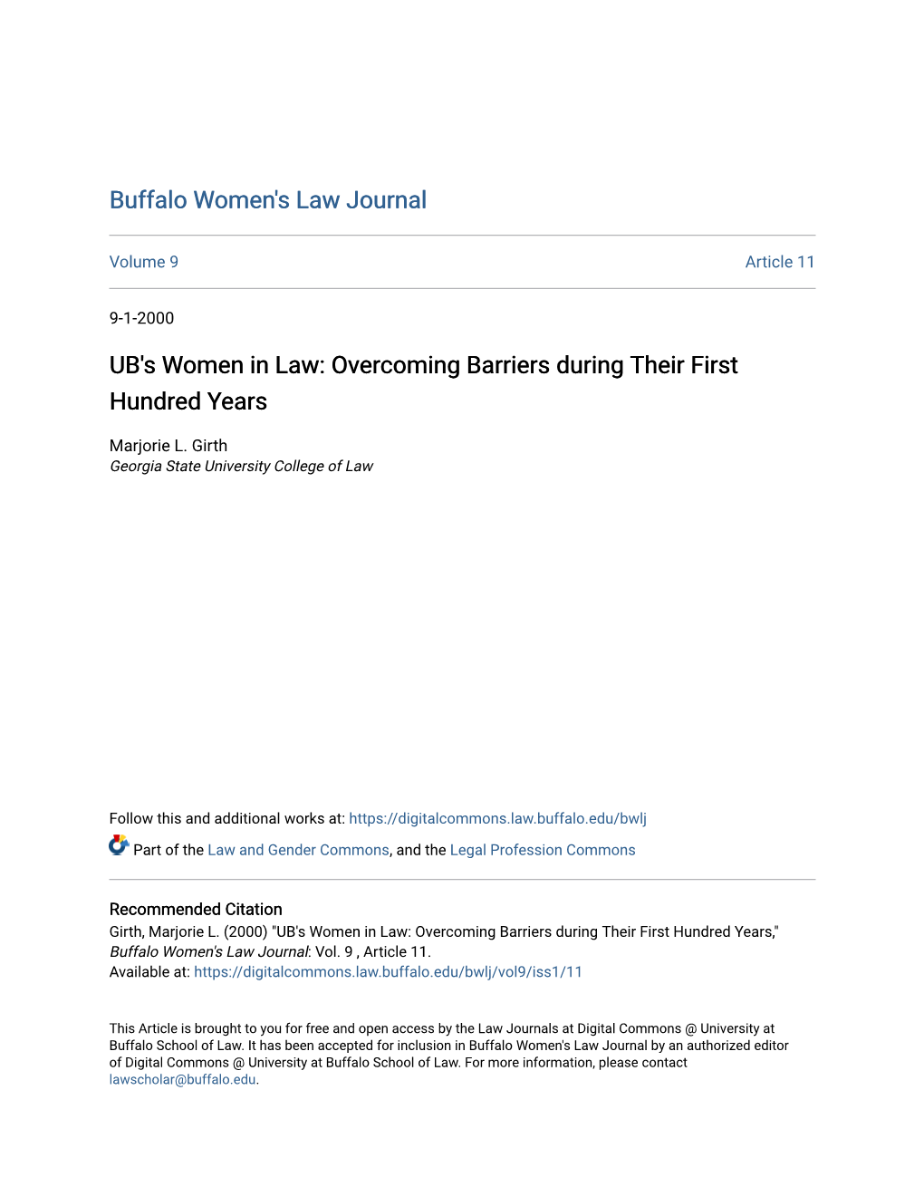 UB's Women in Law: Overcoming Barriers During Their First Hundred Years