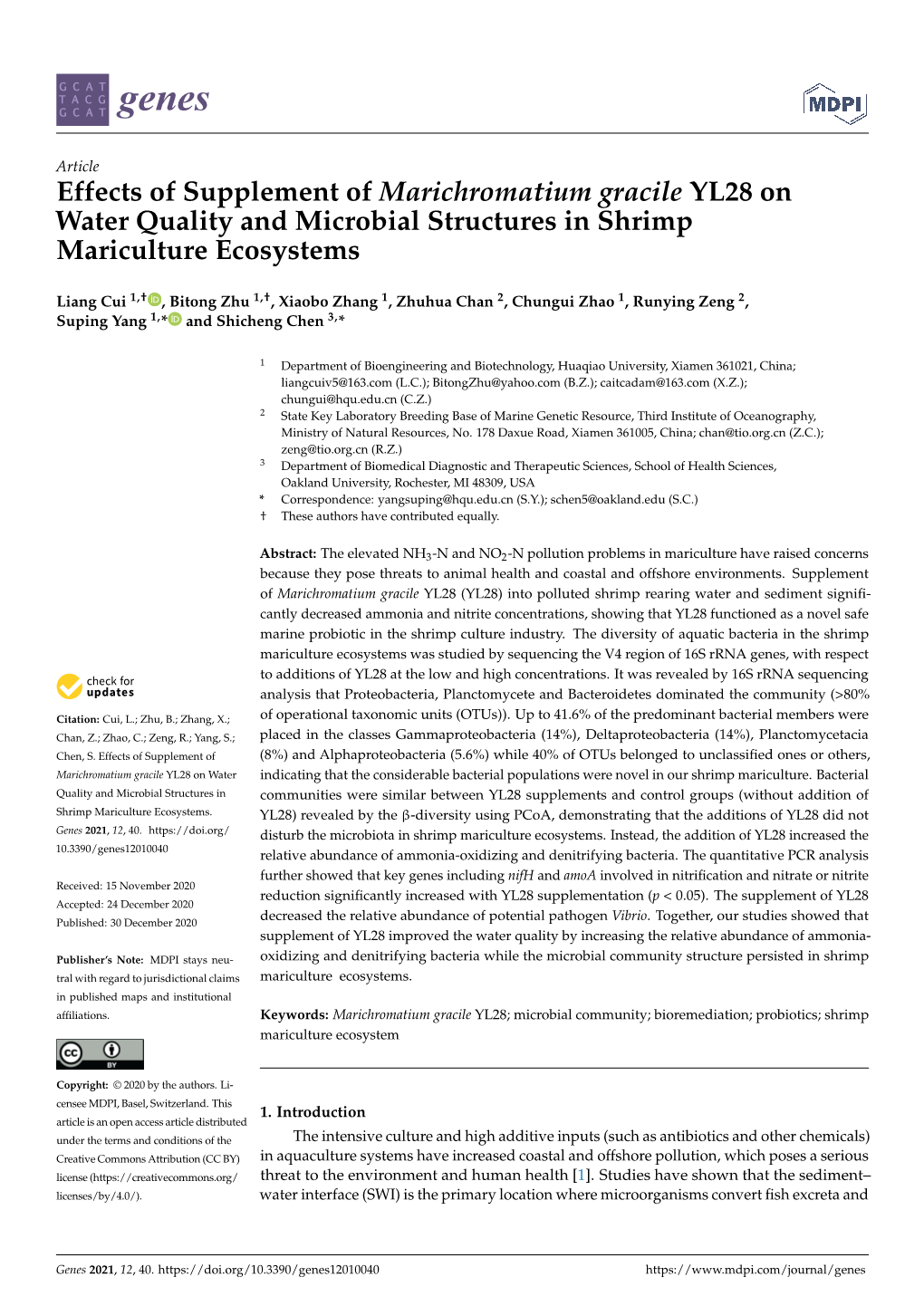 Effects of Supplement of Marichromatium Gracile YL28 on Water Quality and Microbial Structures in Shrimp Mariculture Ecosystems