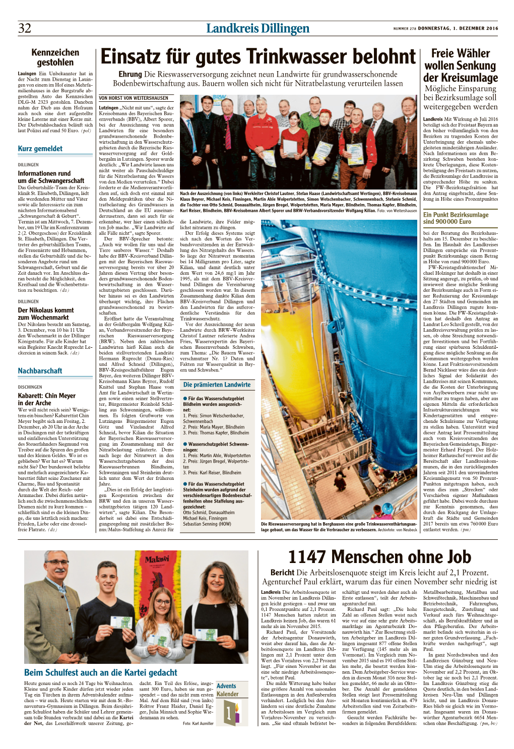 Artikel Einsatz Für Gutes Trinkwasser Belohnt Aus Der Donau Zeitung Vom