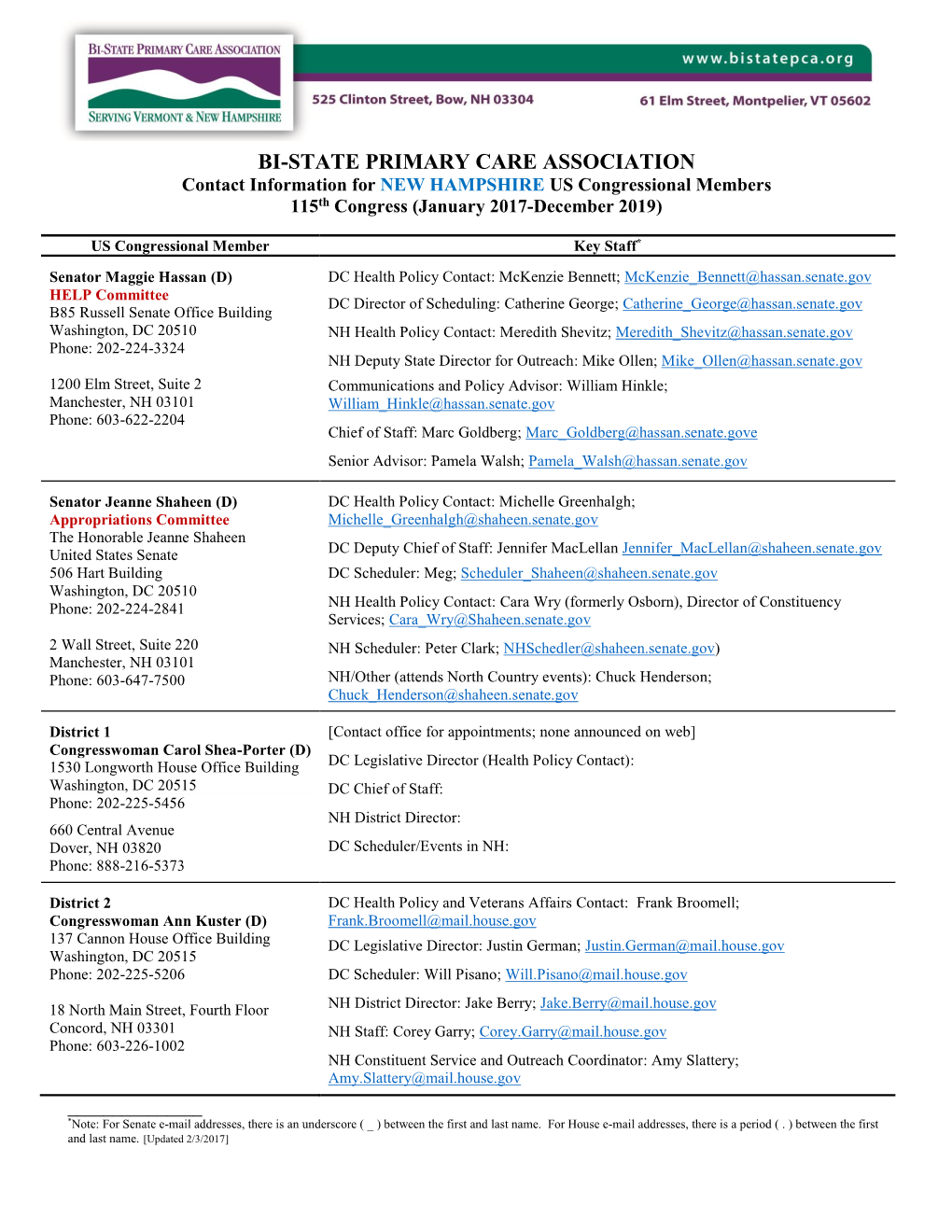 BI-STATE PRIMARY CARE ASSOCIATION Contact Information for NEW HAMPSHIRE US Congressional Members 115Th Congress (January 2017-December 2019)