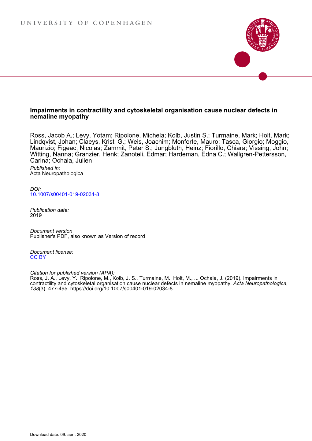 Impairments in Contractility and Cytoskeletal Organisation Cause Nuclear Defects in Nemaline Myopathy