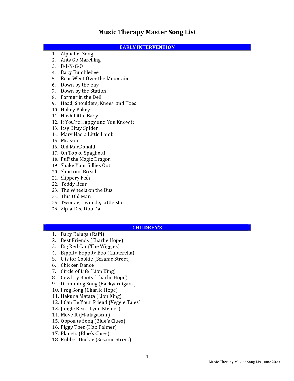 Music Therapy Master Song List