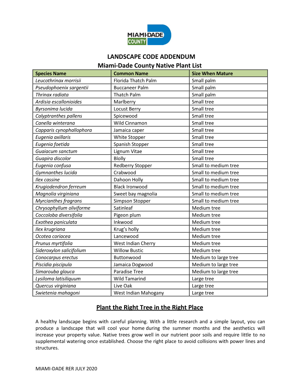 LANDSCAPE CODE ADDENDUM Miami-Dade County Native Plant