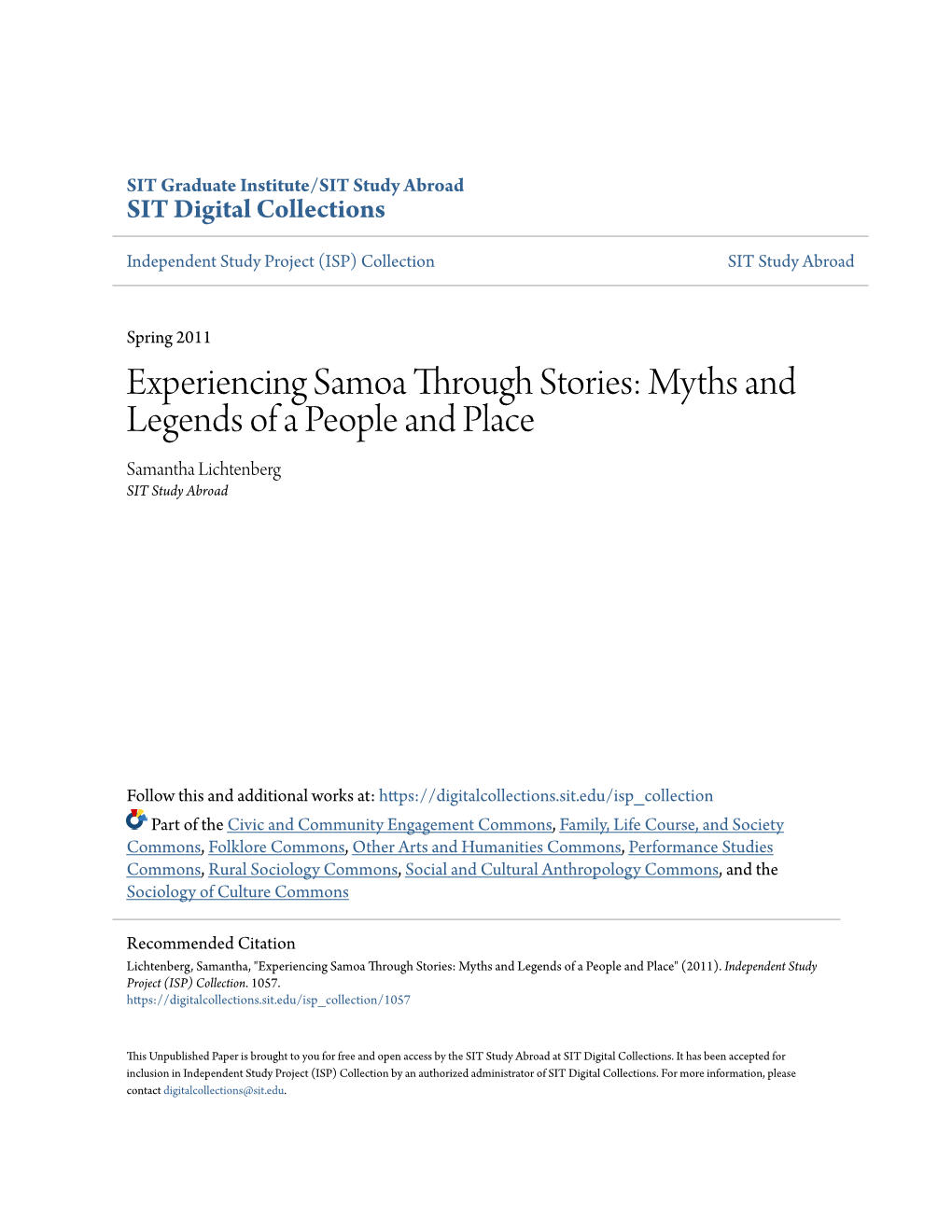 Experiencing Samoa Through Stories: Myths and Legends of a People and Place Samantha Lichtenberg SIT Study Abroad