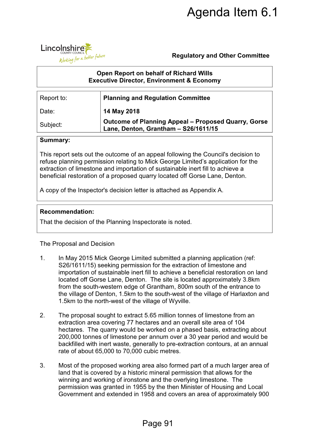 Proposed Quarry, Gorse Lane, Denton, Grantham – S26/1611/15