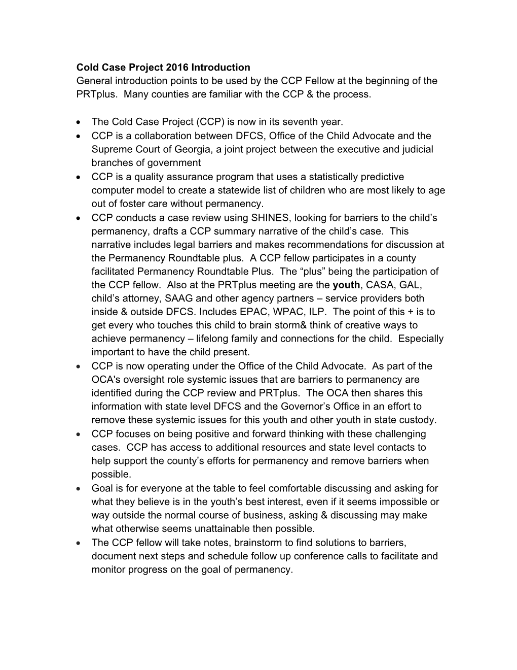 Cold Case Project 2016 Introduction General Introduction Points to Be Used by the CCP Fellow at the Beginning of the Prtplus