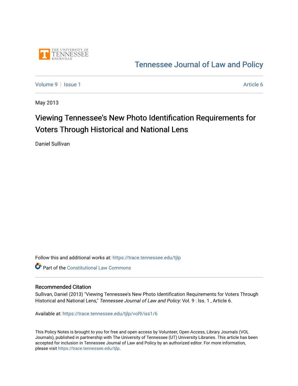 Viewing Tennessee's New Photo Identification Requirements for Voters Through Historical and National Lens