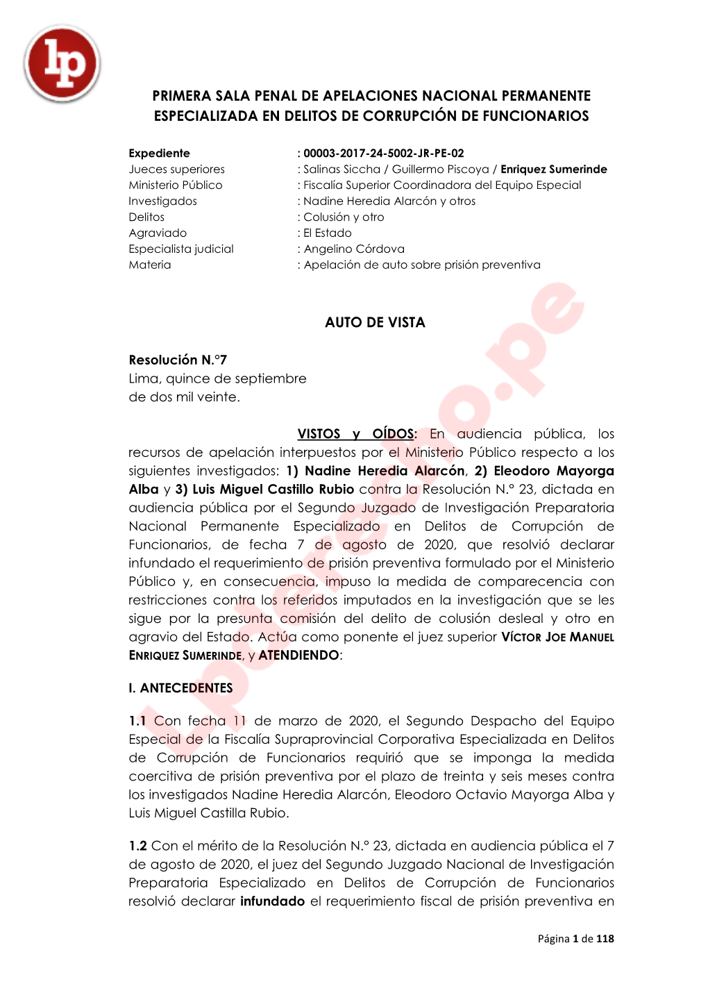 Primera Sala Penal De Apelaciones Nacional Permanente Especializada En Delitos De Corrupción De Funcionarios