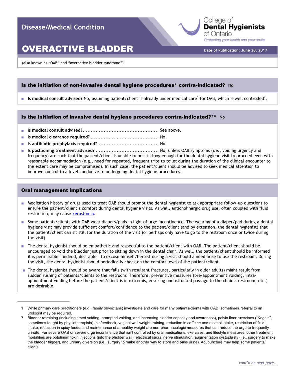 OVERACTIVE BLADDER Date of Publication: June 20, 2017