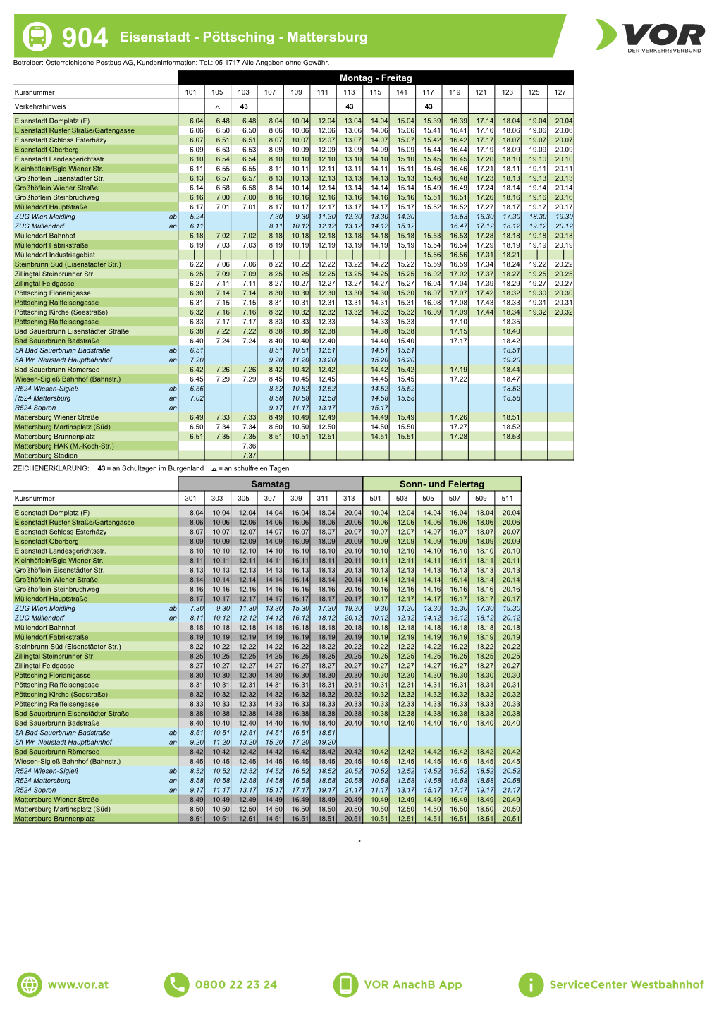 904 Eisenstadt - Pöttsching - Mattersburg Betreiber: Österreichische Postbus AG, Kundeninformation: Tel.: 05 1717 Alle Angaben Ohne Gewähr