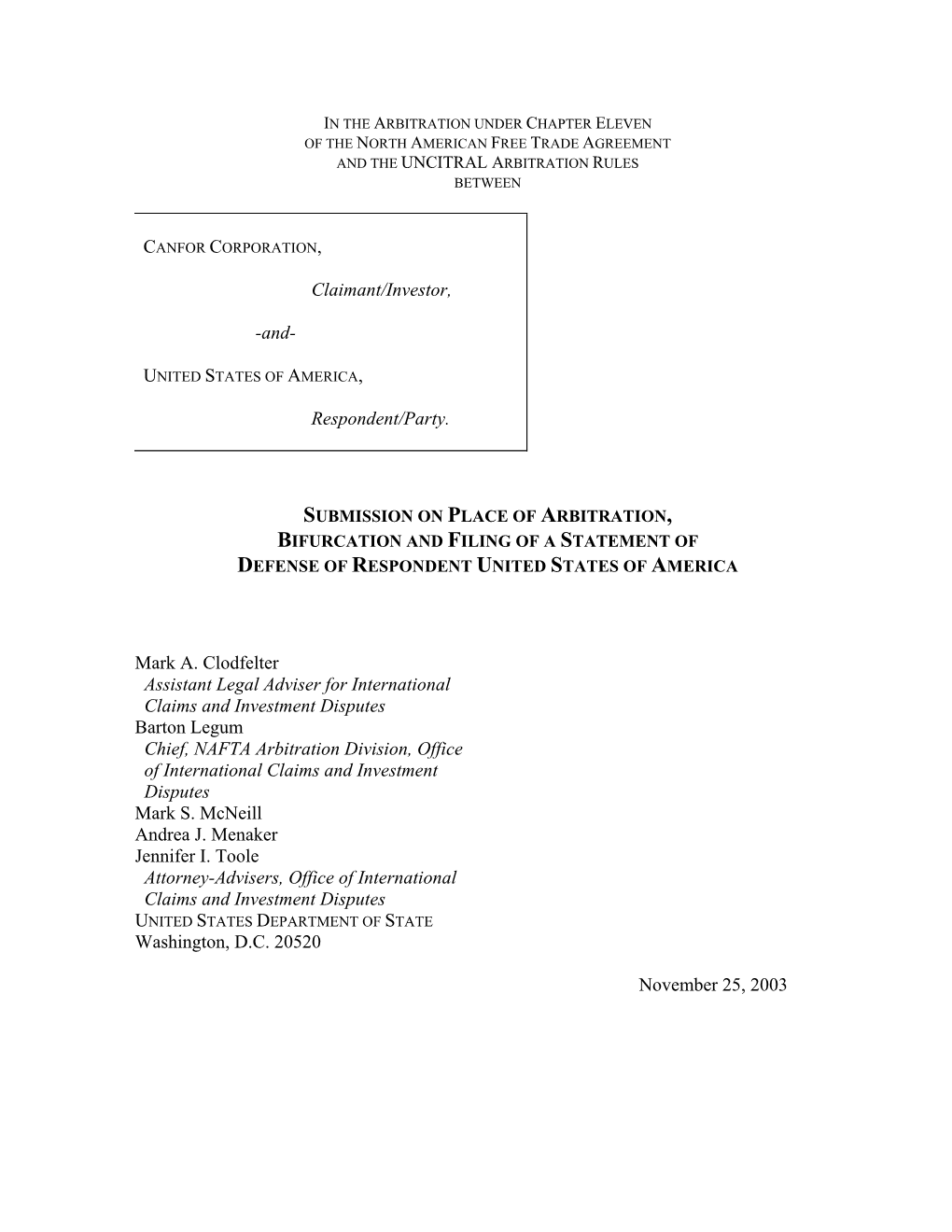 U.S. Submission on Place of Arbitration and Bifurcation