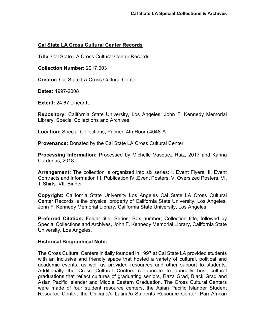 Cal State LA Cross Cultural Center Records Title