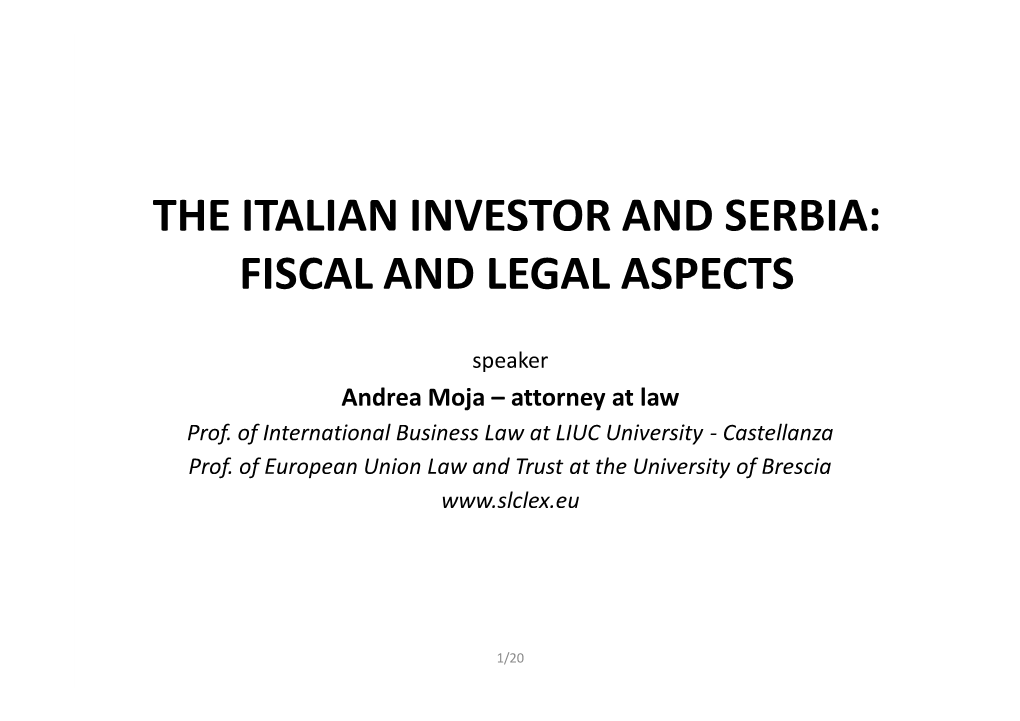 The Italian Investor and Serbia: Fiscal and Legal Aspects