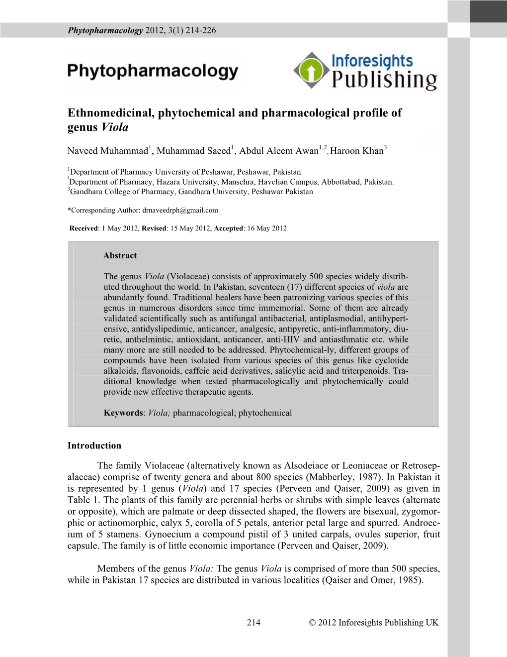 Ethnomedicinal, Phytochemical and Pharmacological Profile of Genus Viola