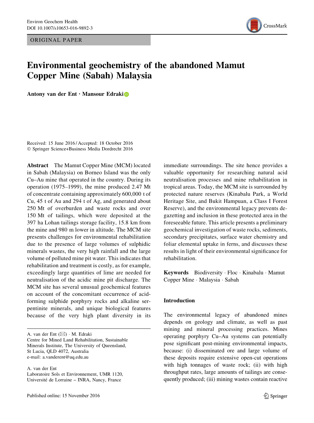 Environmental Geochemistry of the Abandoned Mamut Copper Mine (Sabah) Malaysia