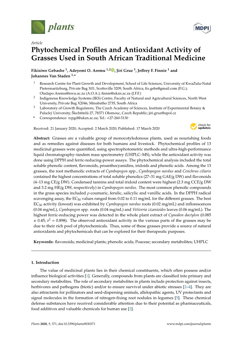 Phytochemical Profiles and Antioxidant Activity of Grasses Used