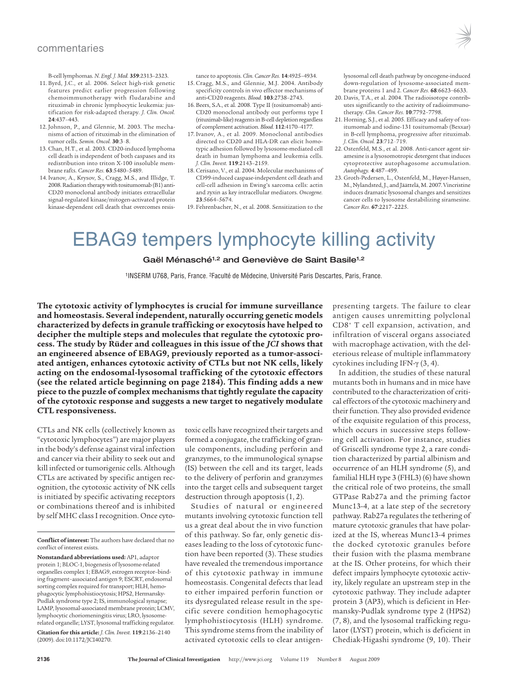 EBAG9 Tempers Lymphocyte Killing Activity Gaël Ménasché1,2 and Geneviève De Saint Basile1,2