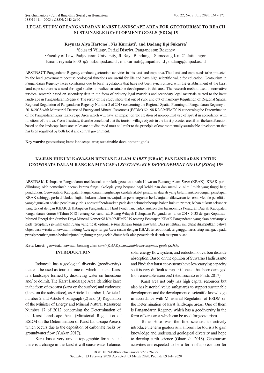 LEGAL STUDY of PANGANDARAN KARST LANDSCAPE AREA for GEOTOURISM to REACH SUSTAINABLE DEVELOPMENT GOALS (Sdgs) 15