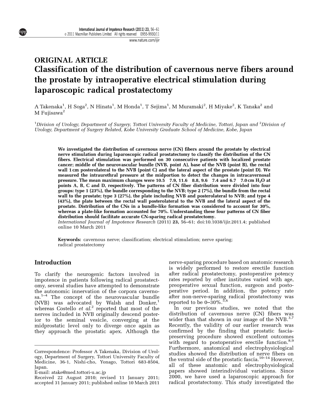 Classification of the Distribution of Cavernous Nerve Fibers Around the Prostate by Intraoperative Electrical Stimulation During Laparoscopic Radical Prostatectomy