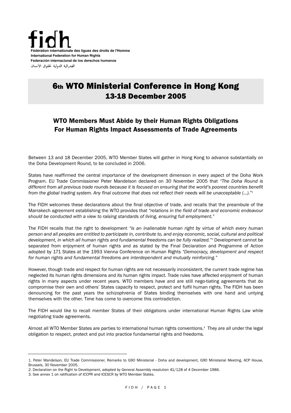6Th WTO Ministerial Conference in Hong Kong 13-18 December 2005