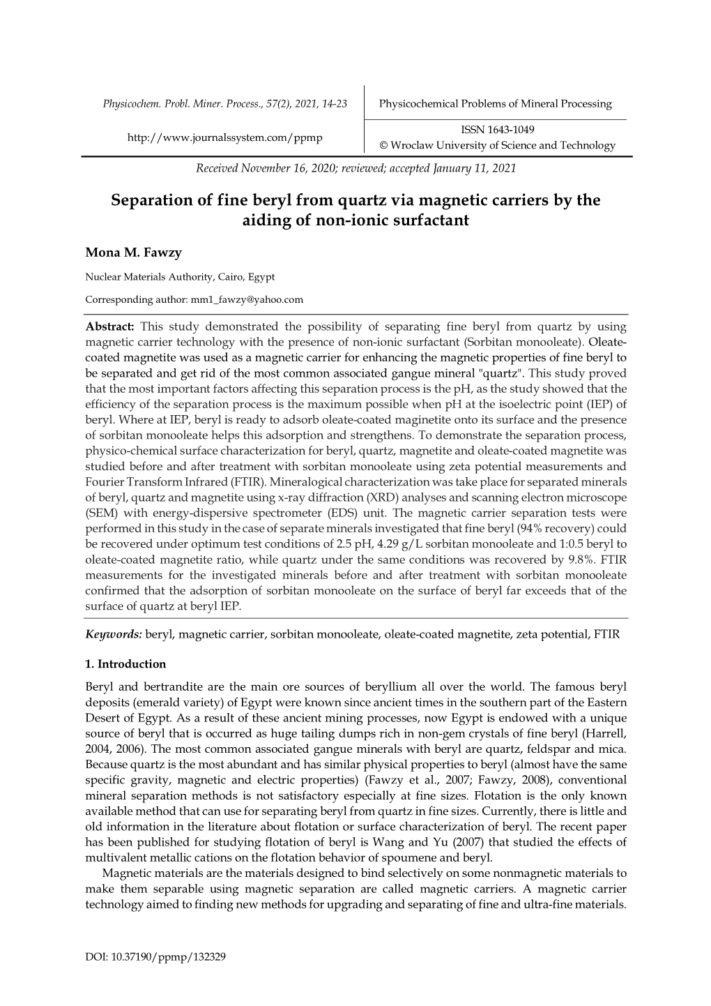 Separation of Fine Beryl from Quartz Via Magnetic Carriers by the Aiding of Non-Ionic Surfactant