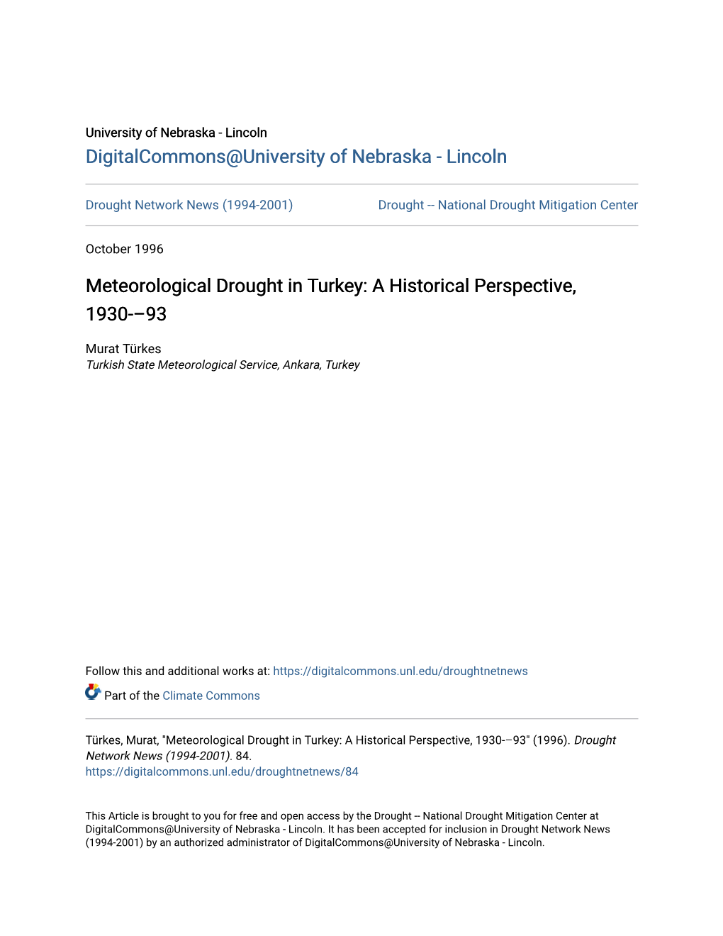 Meteorological Drought in Turkey: a Historical Perspective, 1930-–93