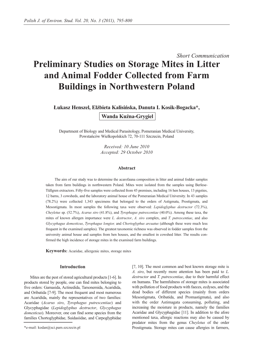 Preliminary Studies on Storage Mites in Litter and Animal Fodder Collected from Farm Buildings in Northwestern Poland