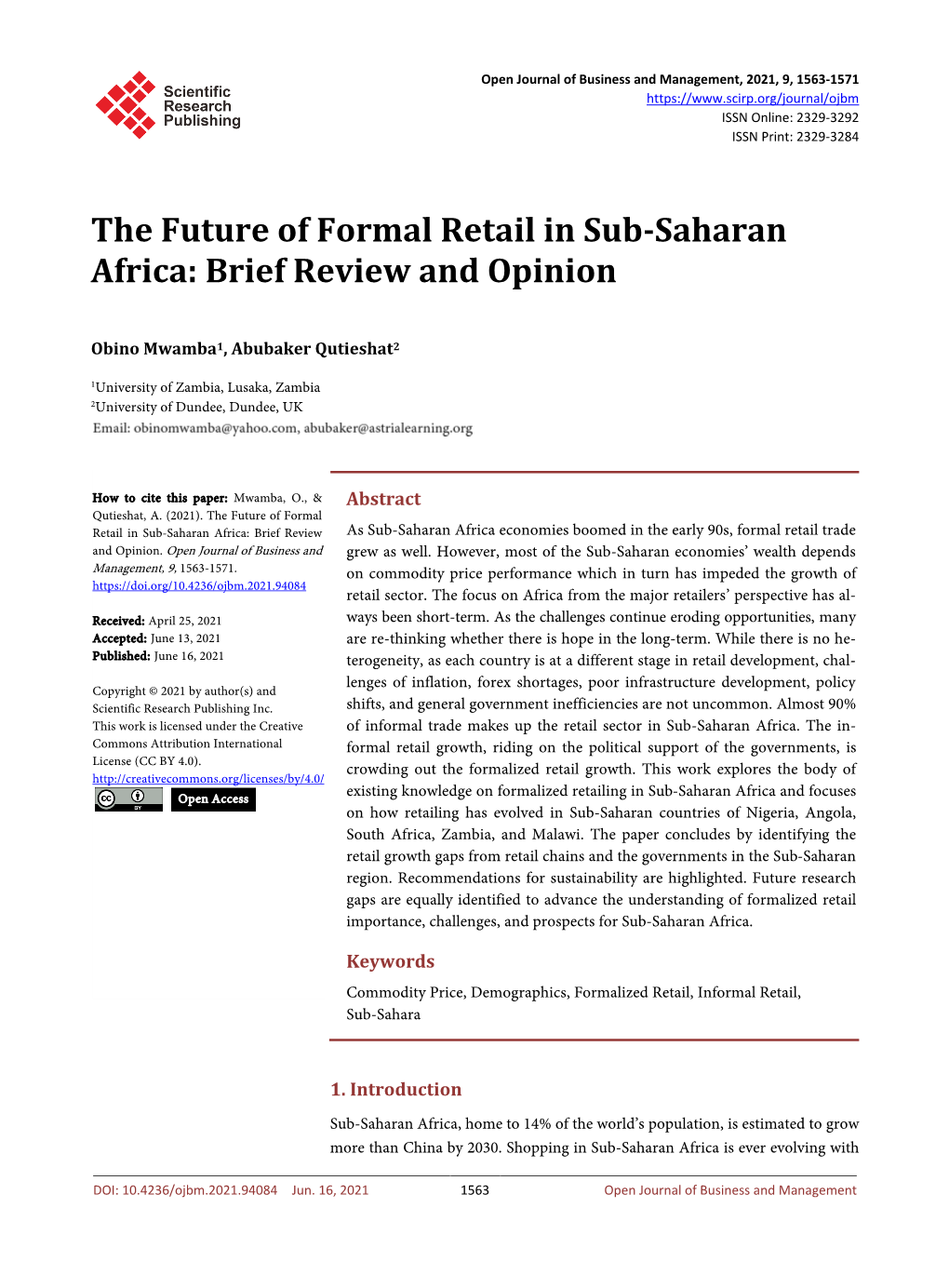 The Future of Formal Retail in Sub-Saharan Africa: Brief Review and Opinion