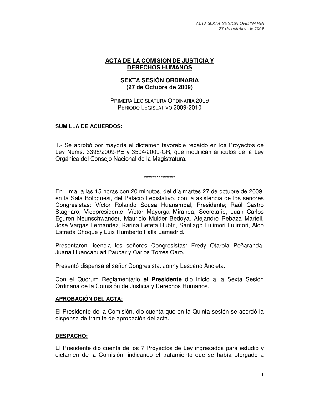 Acta De La Comisión De Justicia Y Derechos Humanos