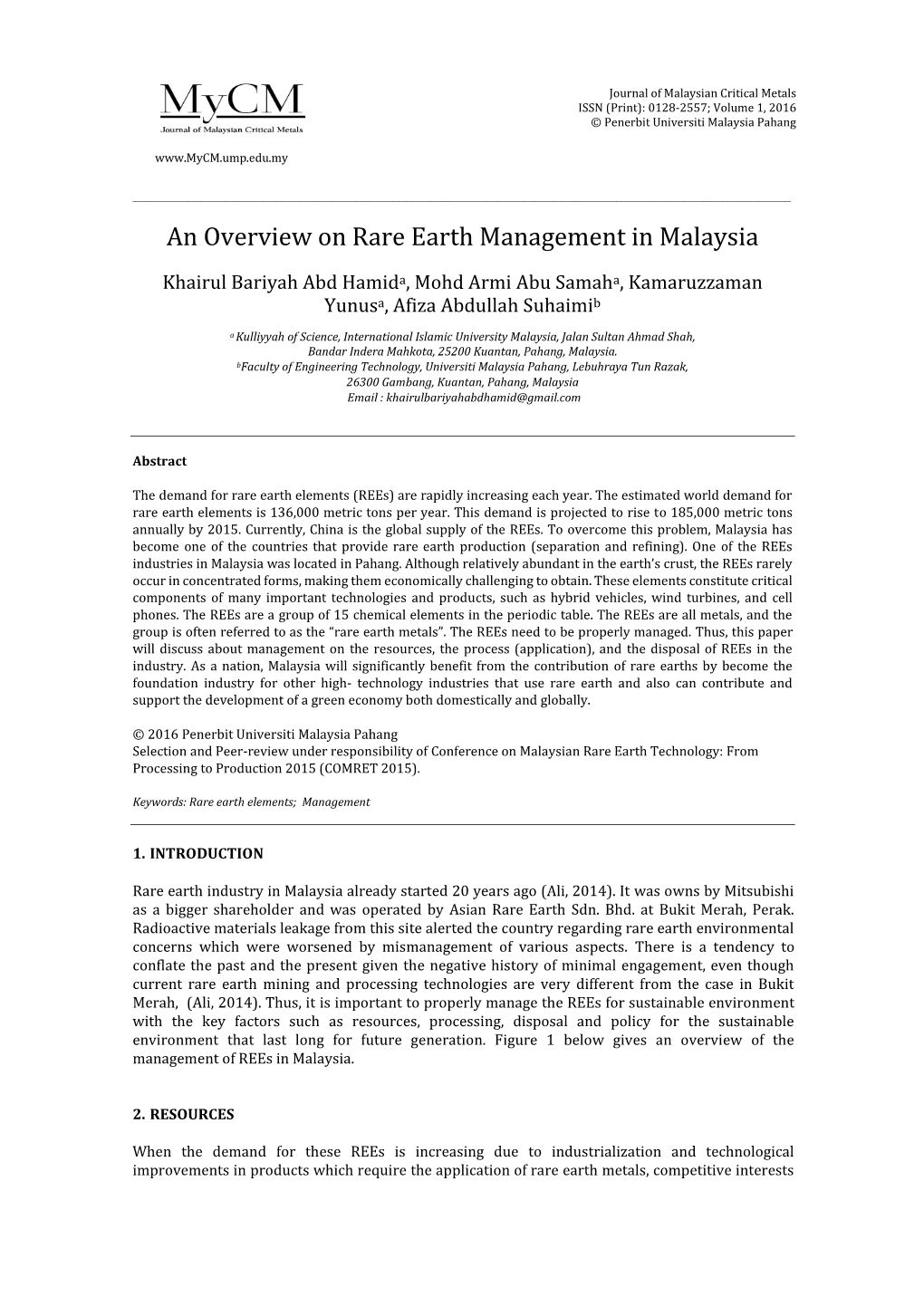 An Overview on Rare Earth Management in Malaysia