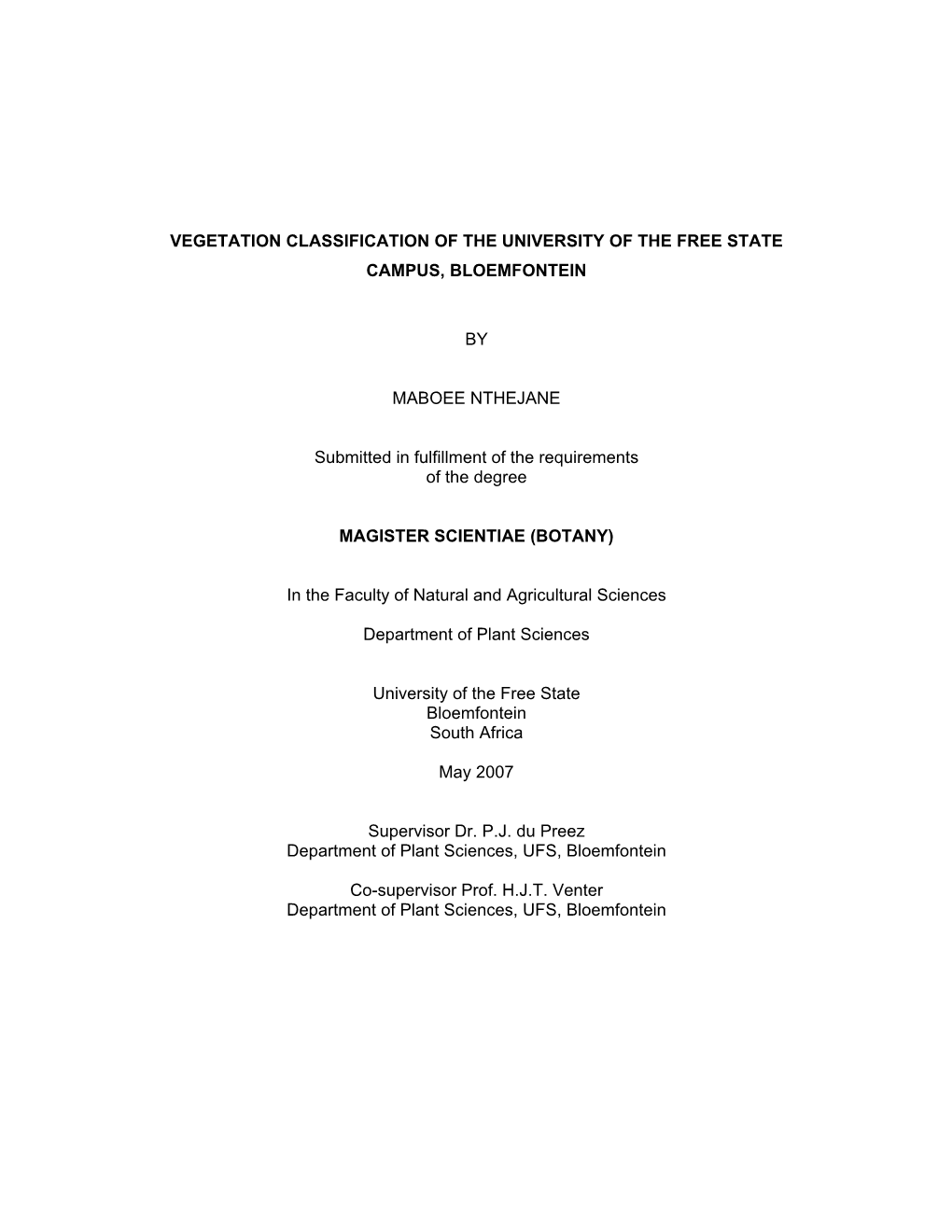 Vegetation Classification of the University of the Free State Campus, Bloemfontein