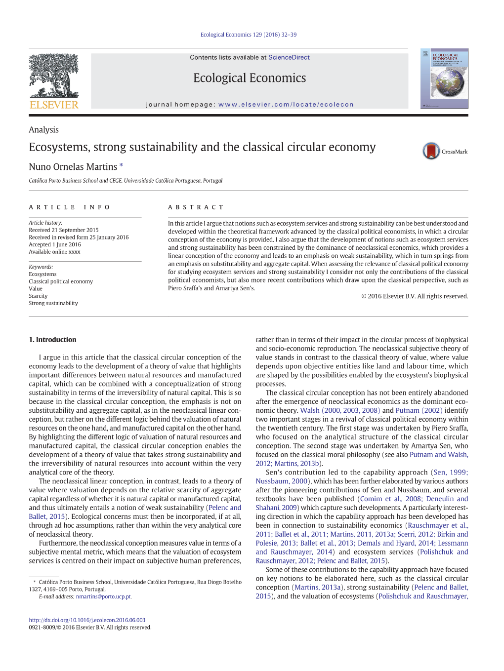 Ecosystems, Strong Sustainability and the Classical Circular Economy