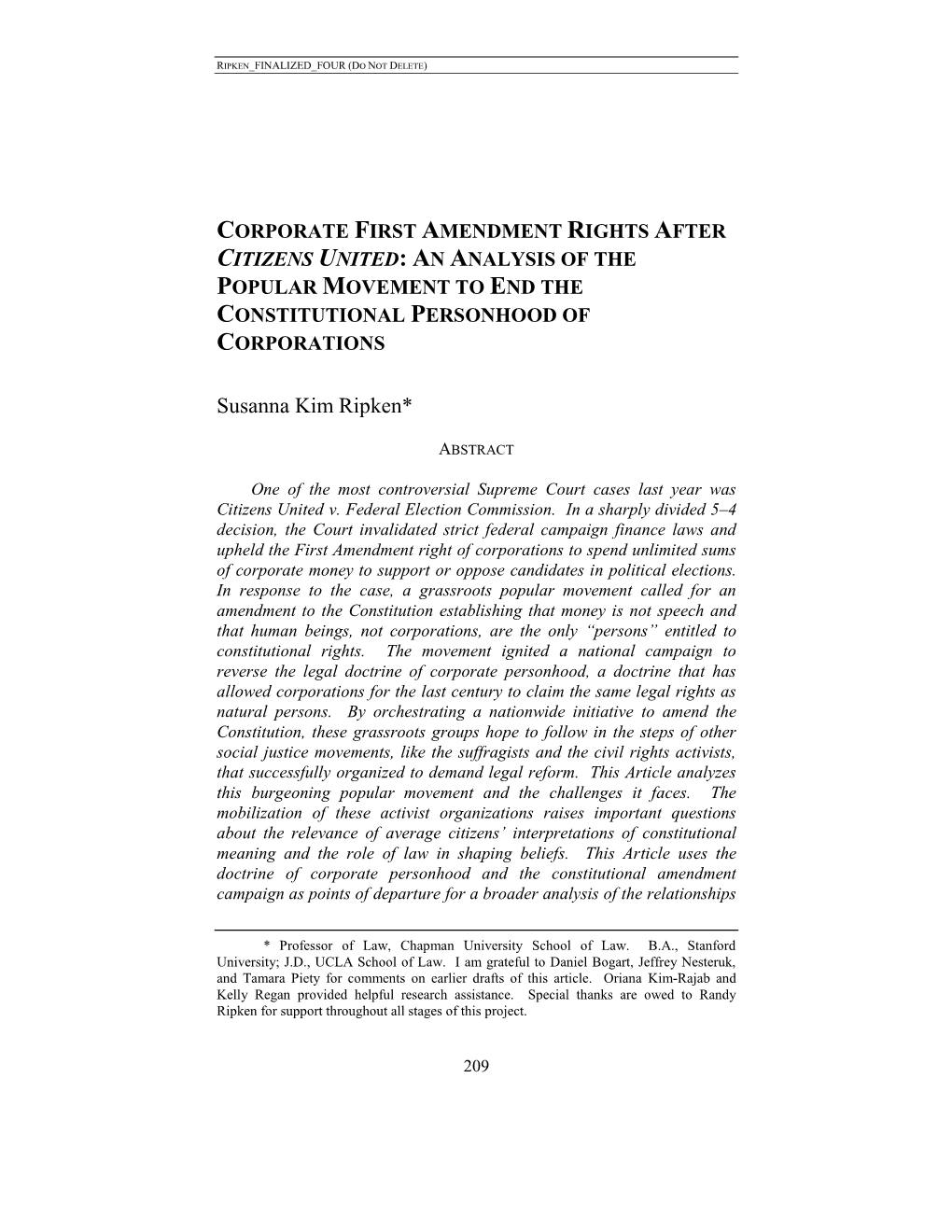 Corporate First Amendment Rights After Citizens United: an Analysis of the Popular Movement to End the Constitutional Personhood of Corporations