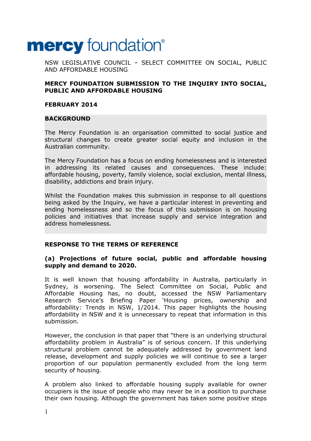 Mercy Foundation Submission to the Inquiry Into Social, Public and Affordable Housing