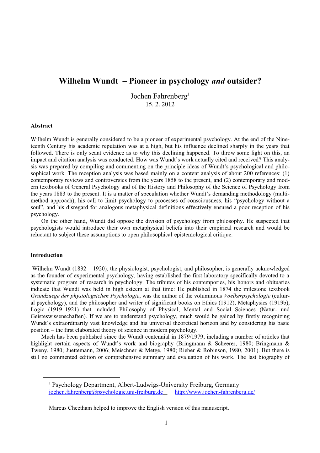 Wilhelm Wundt – Pioneer in Psychology and Outsider?