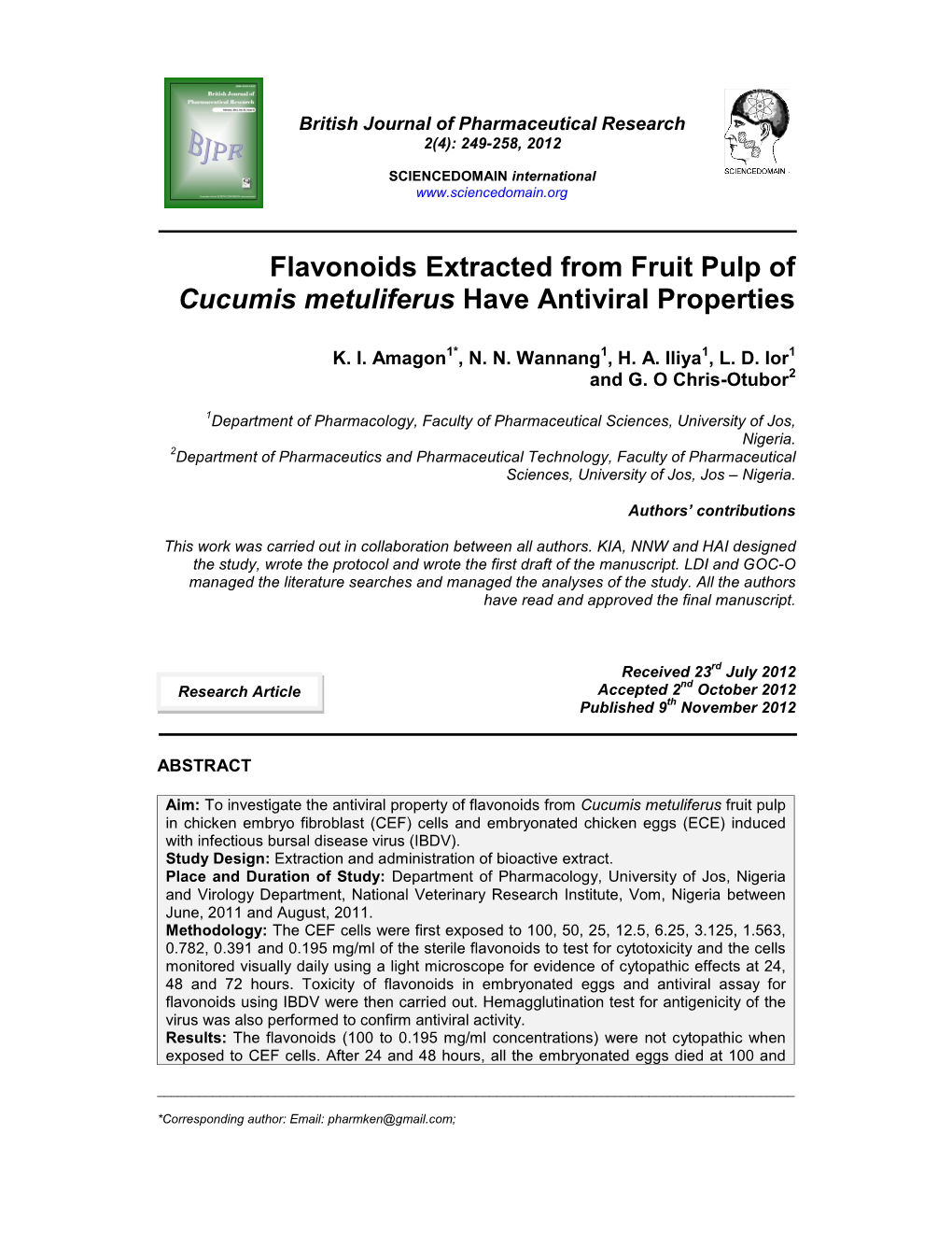 Flavonoids Extracted from Fruit Pulp of Cucumis Metuliferus Have Antiviral Properties