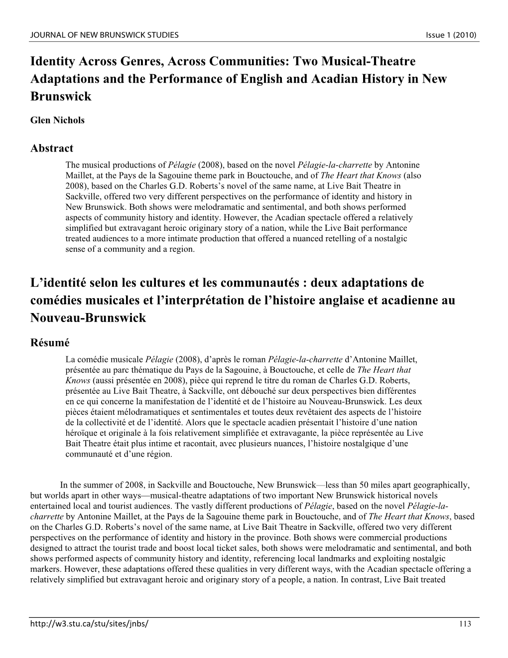 Two Musical-Theatre Adaptations and the Performance of English and Acadian History in New Brunswick
