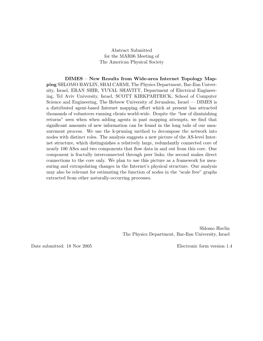 Abstract Submitted for the MAR06 Meeting of the American Physical Society