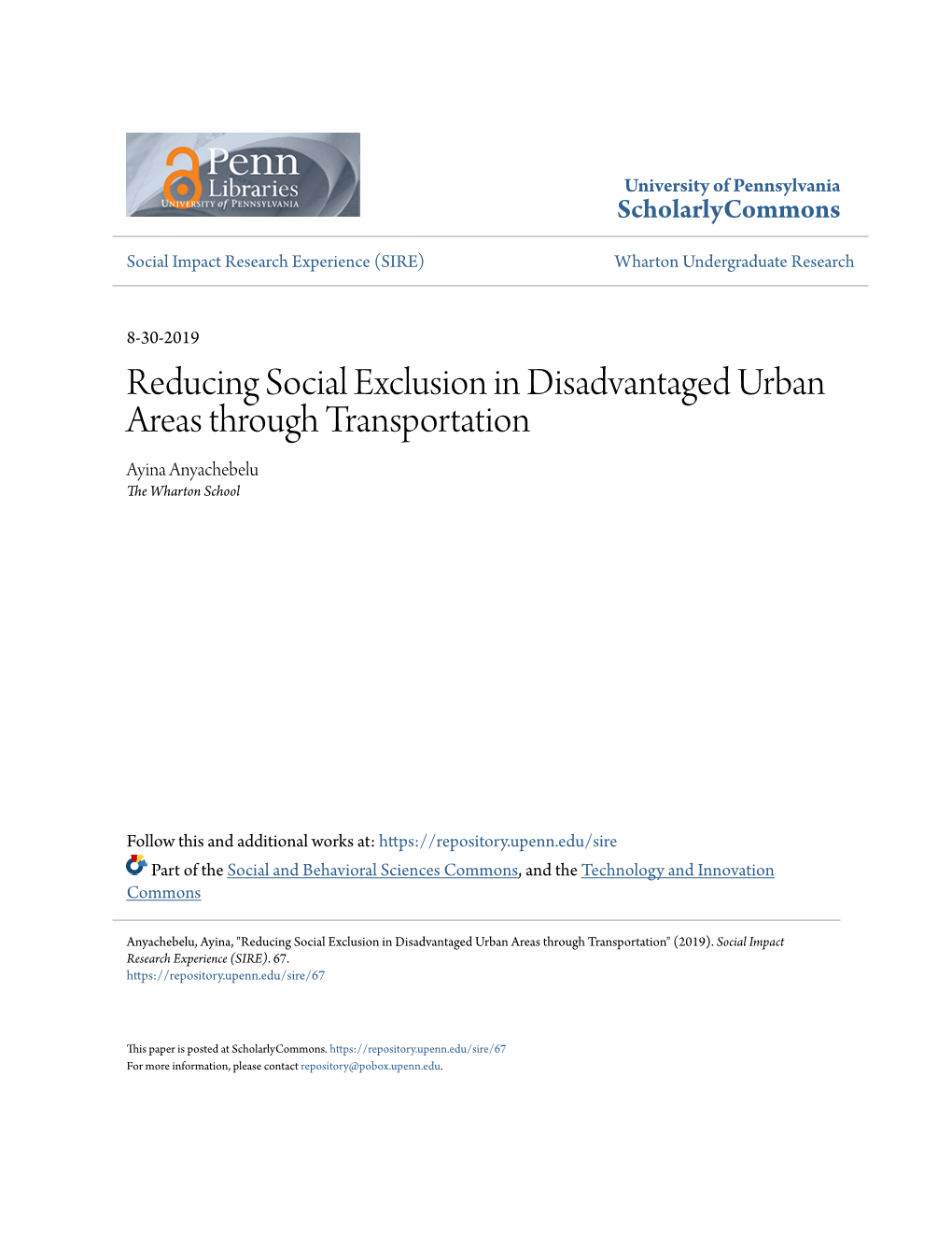 Reducing Social Exclusion in Disadvantaged Urban Areas Through Transportation Ayina Anyachebelu the Wharton School