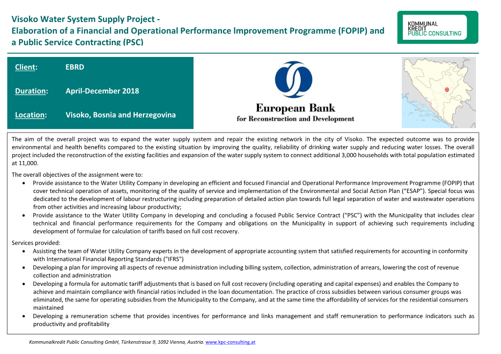 Visoko Water System Supply Project - Elaboration of a Financial and Operational Performance Lmprovement Programme (FOPIP) and a Public Service Contracting (PSC)