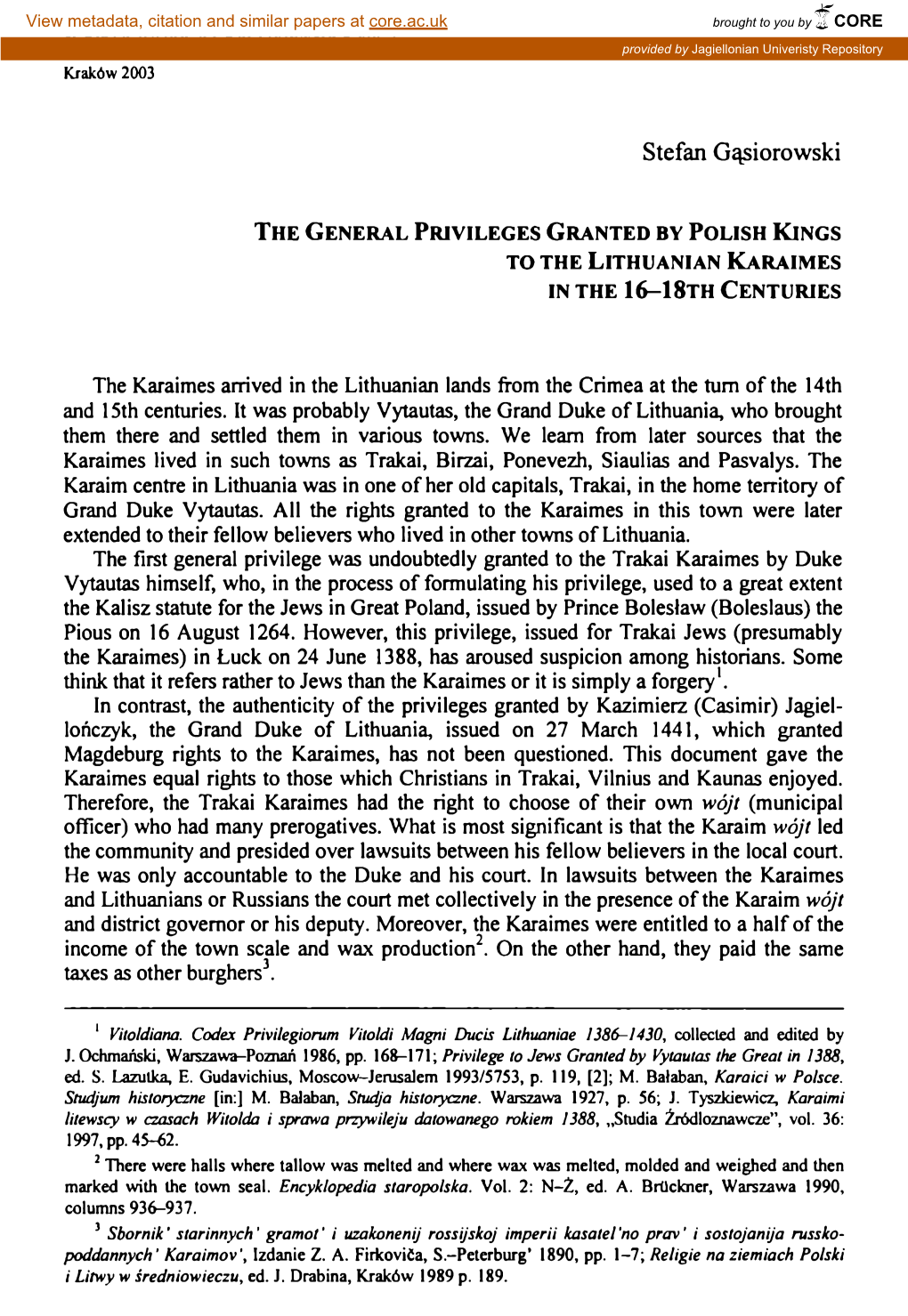 The General Privileges Granted by Polish Kings to the Lithuenian Karaimes in the 16-I8k Centuries 49