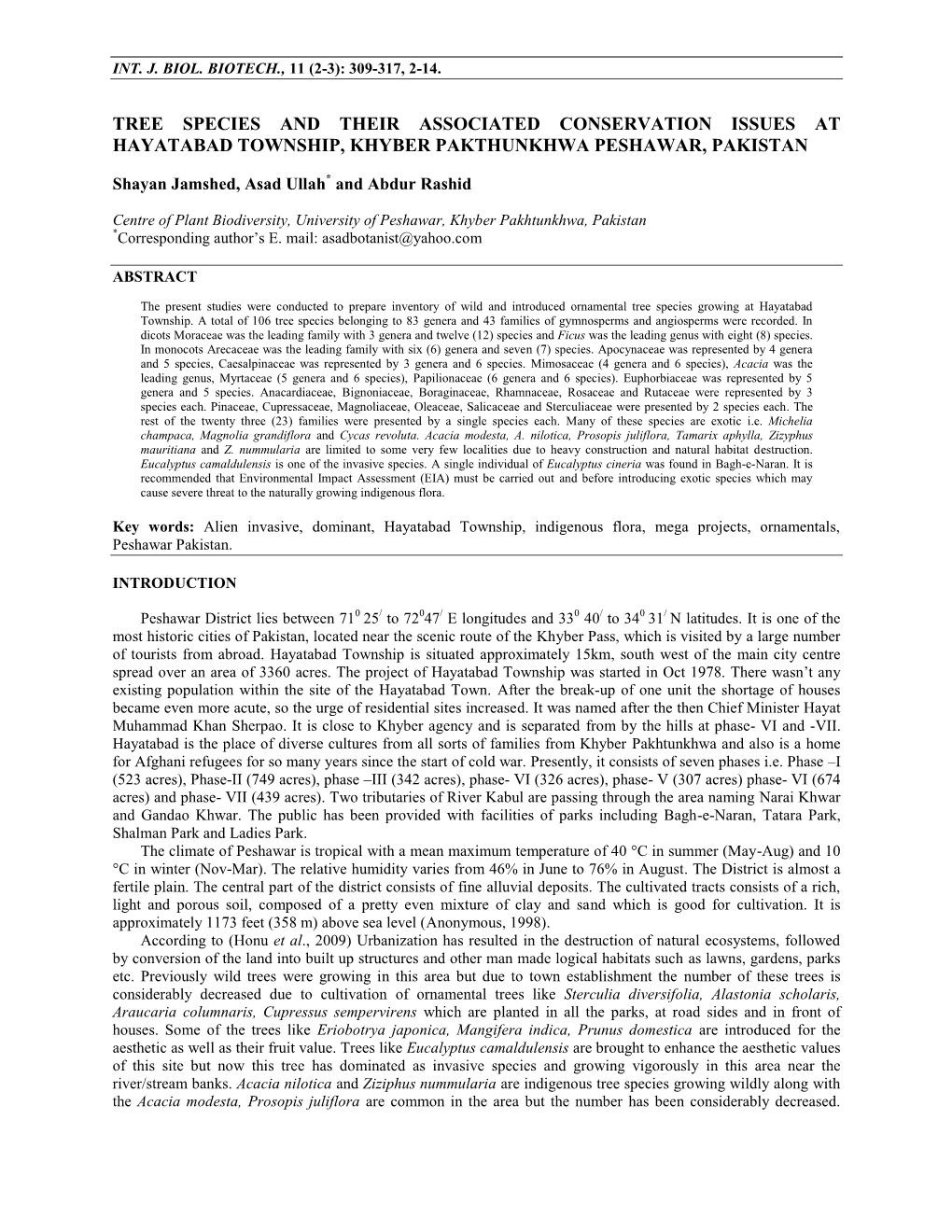 Tree Species and Their Associated Conservation Issues at Hayatabad Township, Khyber Pakthunkhwa Peshawar, Pakistan