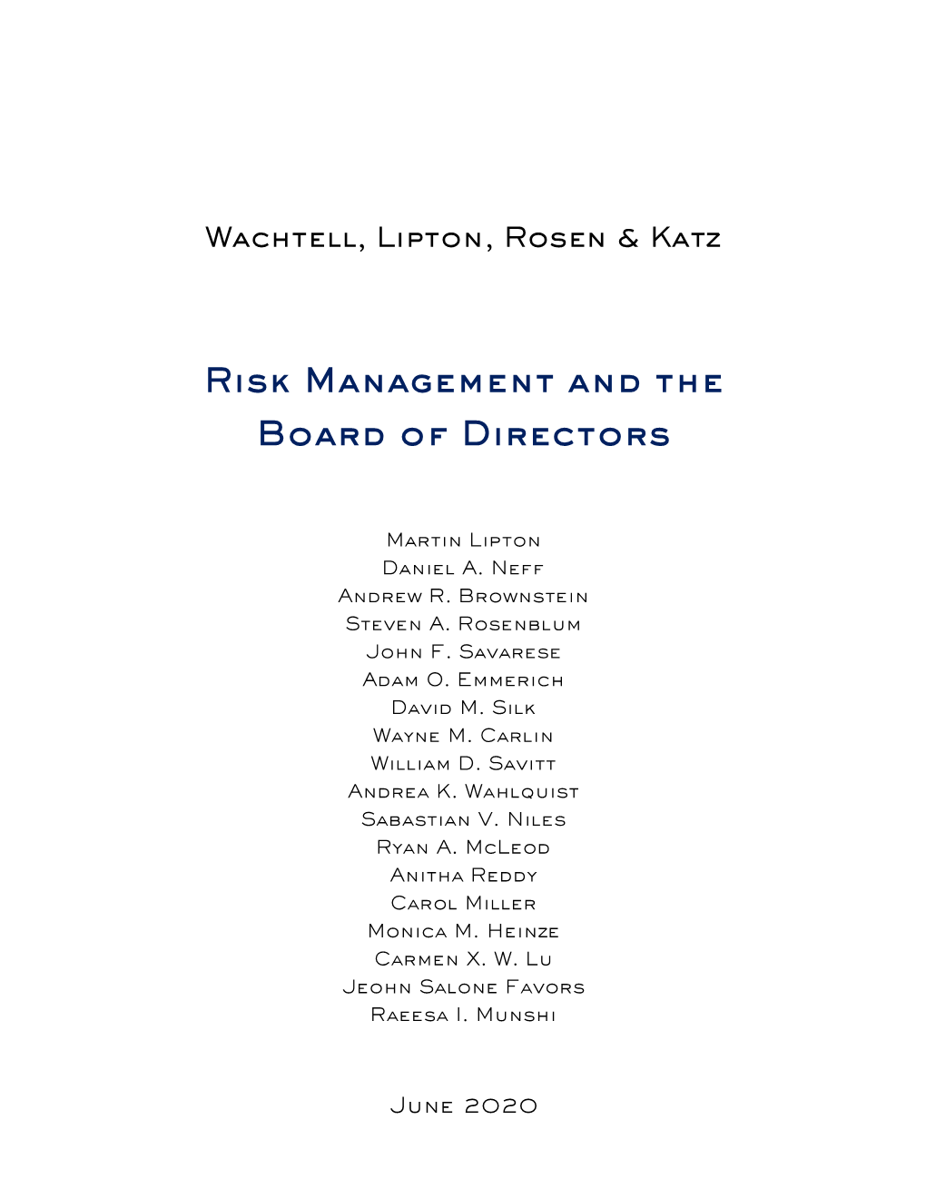 Risk Management and the Board of Directors