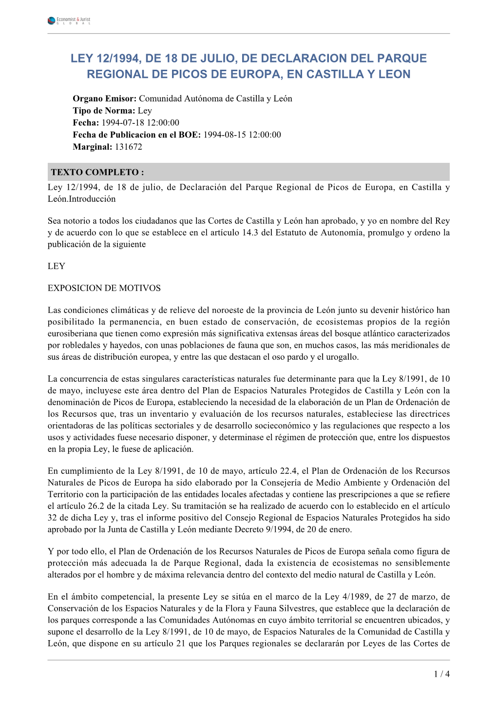 Ley 12/1994, De 18 De Julio, De Declaracion Del Parque Regional De Picos De Europa, En Castilla Y Leon