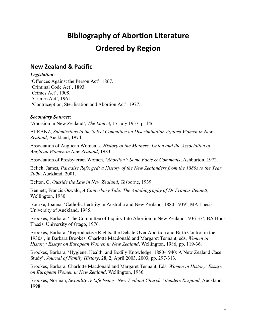 Bibliography of Abortion Literature Ordered by Region