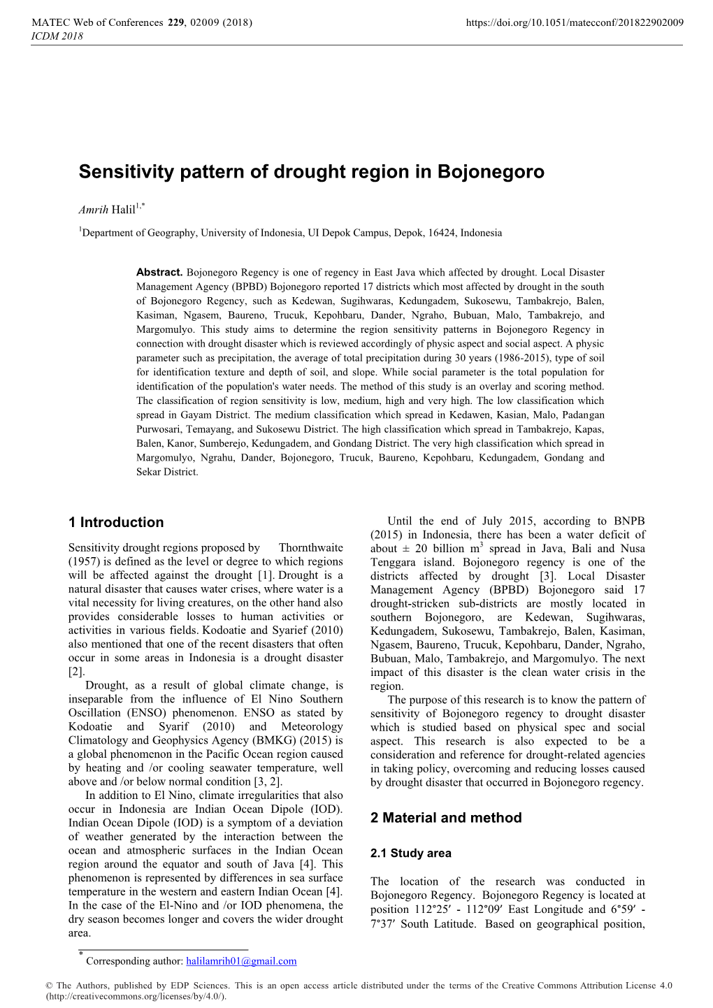 Sensitivity Pattern of Drought Region in Bojonegoro