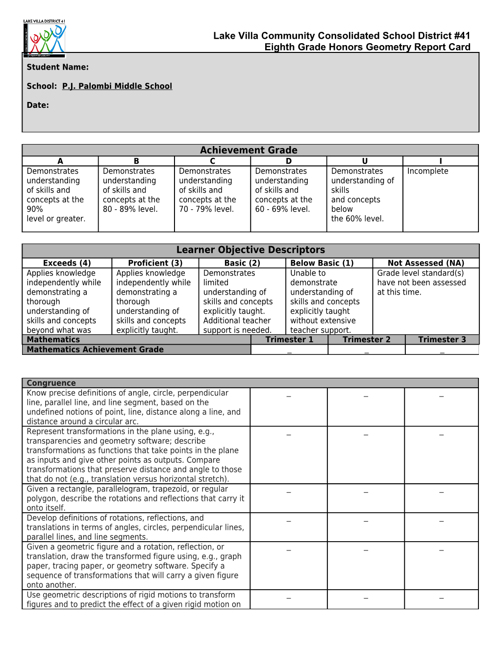 Eighth Grade Honors Geometry Report Card